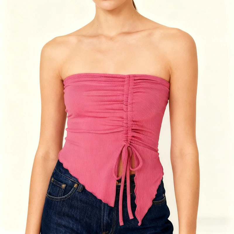 Spring Summer Y2K Womens Strapless Sleeveless Tube Top Mesh Ruched Side Asymmetrical Lace up Bandeau Cami Tank Tops Streetwear 260306