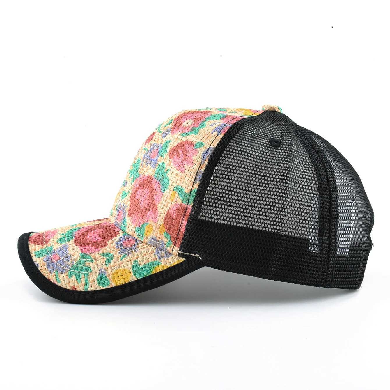 Straw Floral Baseball Cap Women Summer Breathable Mesh Visor Cap Outdoor Casual Sport Snapback Cap Adjustable S260306