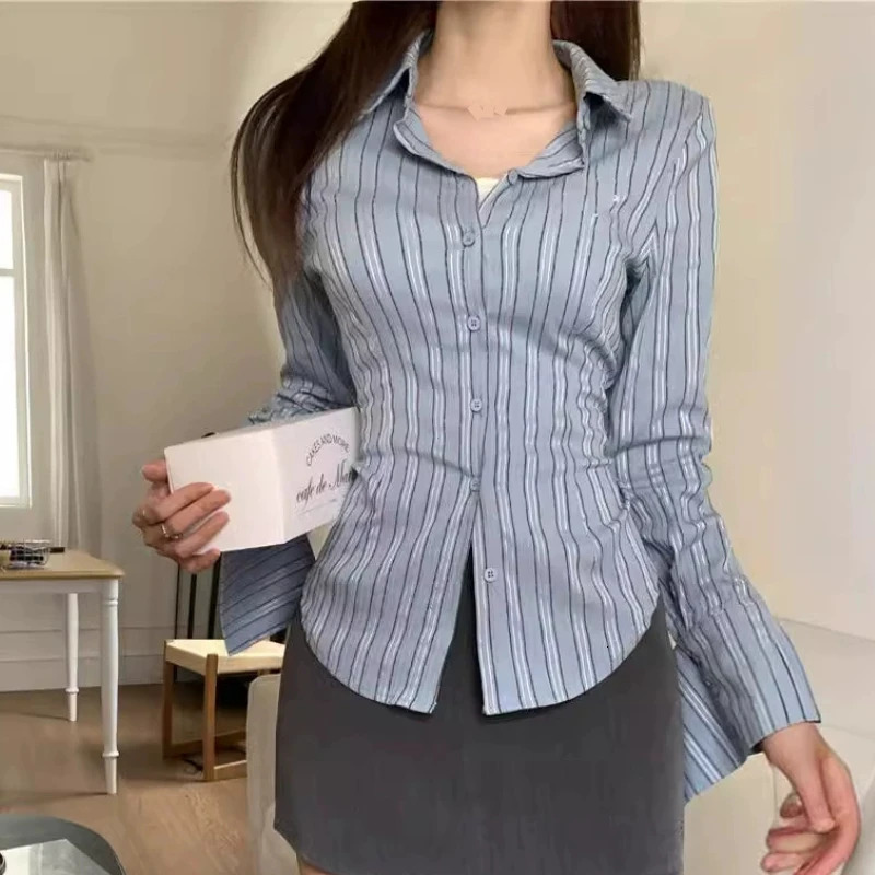 Korean Blue Striped Long Sleeve Shirt Jacket Womens Spring Waist Cinching Slimming Top Women Clothing 260306