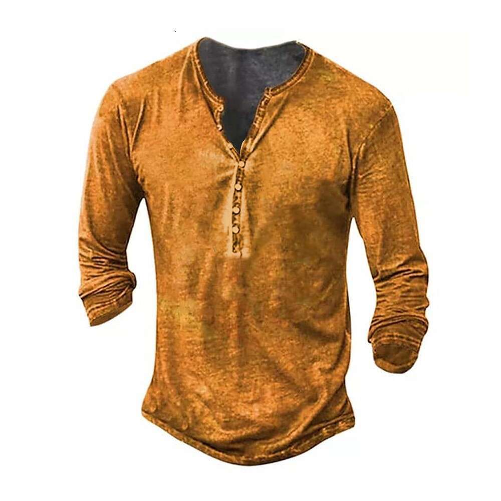 Cross-border European and American foreign trade retro button long-sleeve with 3D digital printing, men's solid color versatile T-shirt