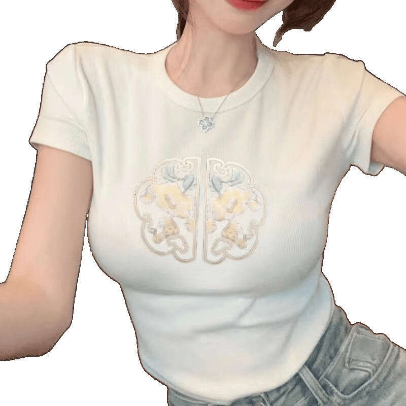 New Chinese Style round Neck Short Sleeve Women's T-shirt Summer Slim Fit Short Length Sweet And Spicy Girl Top Embroidered Pure Cotton Slim Fit 