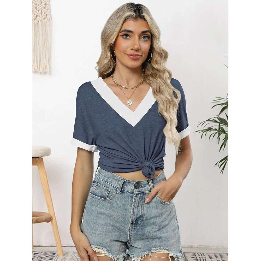Women Summer Top V Neck Short Sleeve Blouse Casual Loose Tees Comfort Colors Designer Tshirt 2026 Fashion Beach Vacation Clothe