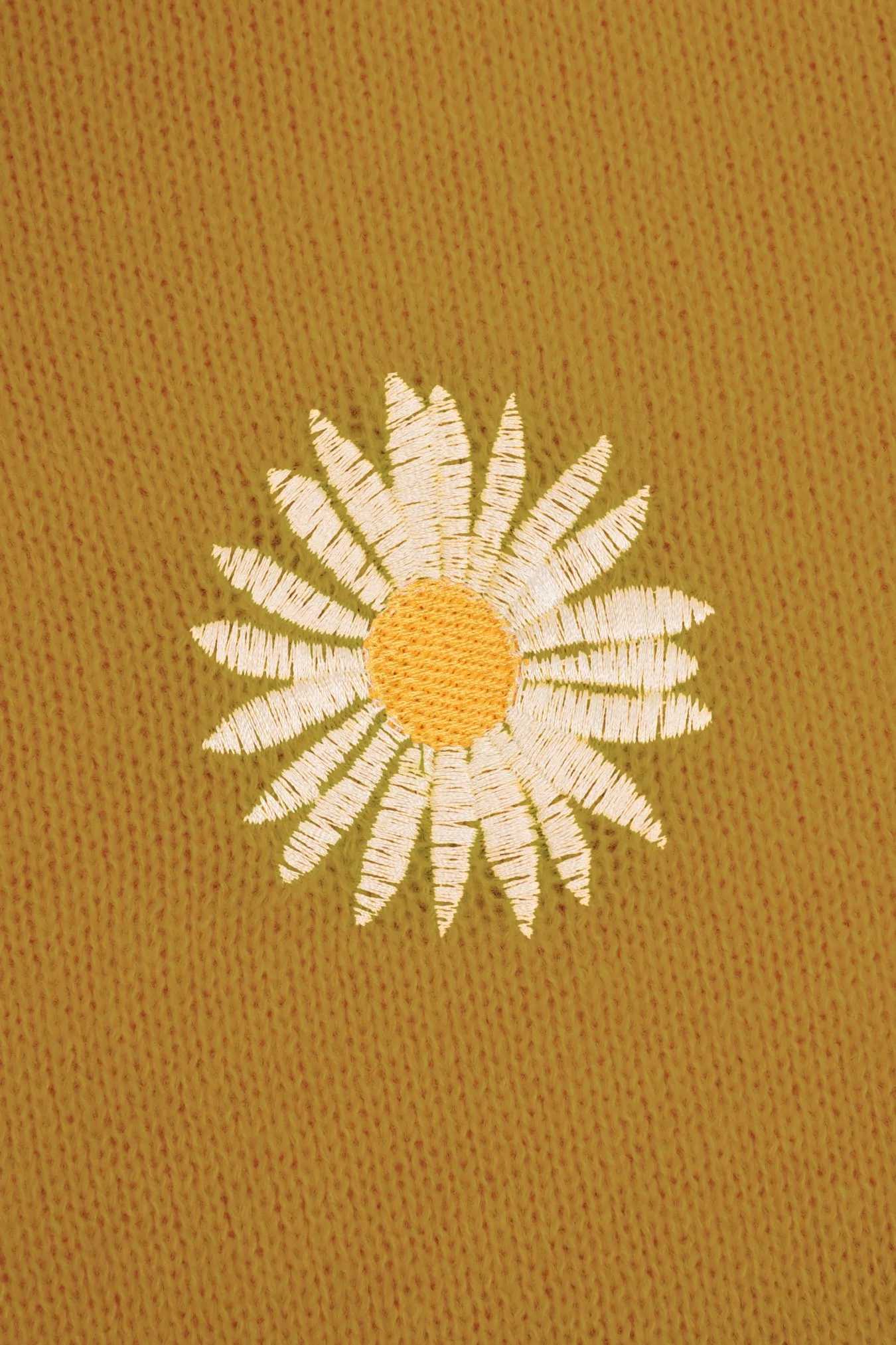 Womens Mustard Yellow Daisy Embroidered V-Neck Knit Cardigan Casual Oversized Long Sleeve Outerwear M260306