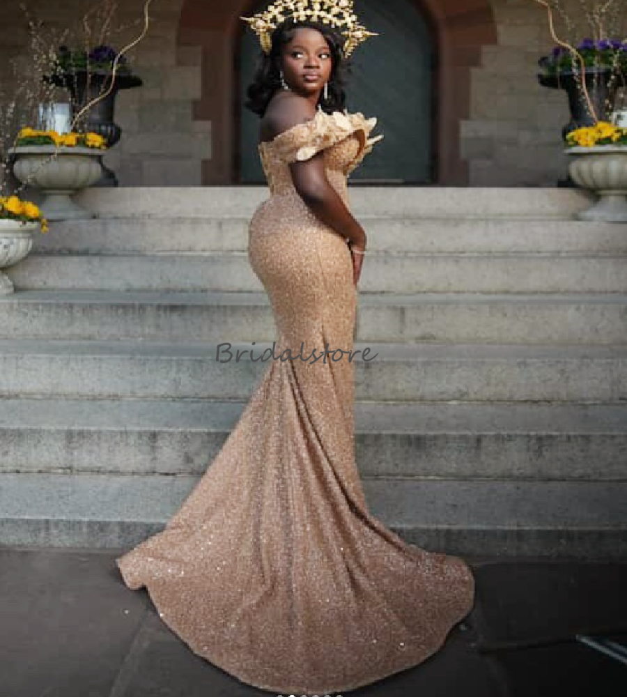 Gorgeous Champagne Prom Dresses For Black Girls Off Shoulders Leaves Mermaid Evening Gowns Aso Sequin Luxury Slit Formal Occasion Dresses 2026 Nigeria
