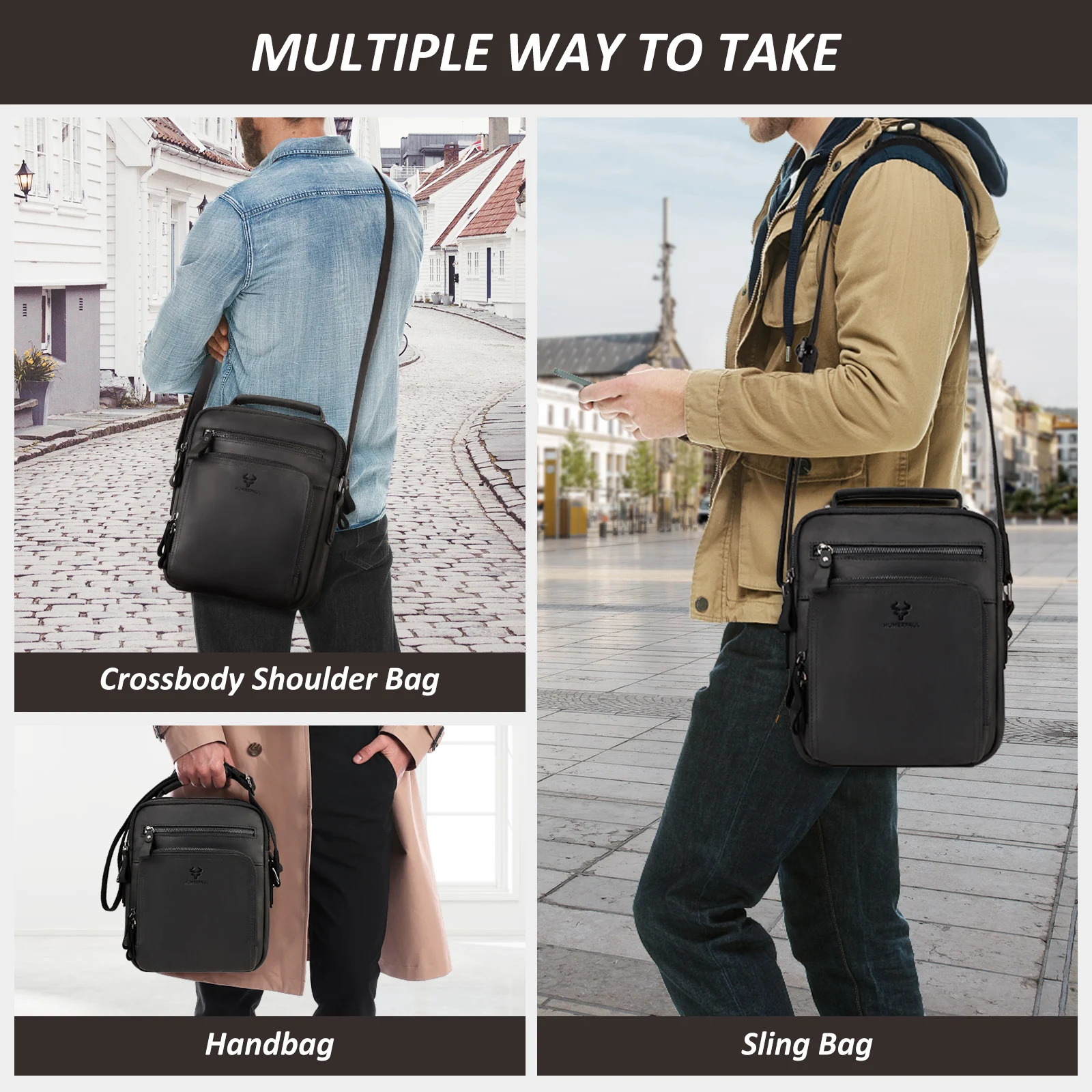 HUMERPAUL Mens Cowhide Shoulder Bag Casual Crossbody Bags Full Grain Leather Multifunctional Ipad Messenger Handbag Quality 260305