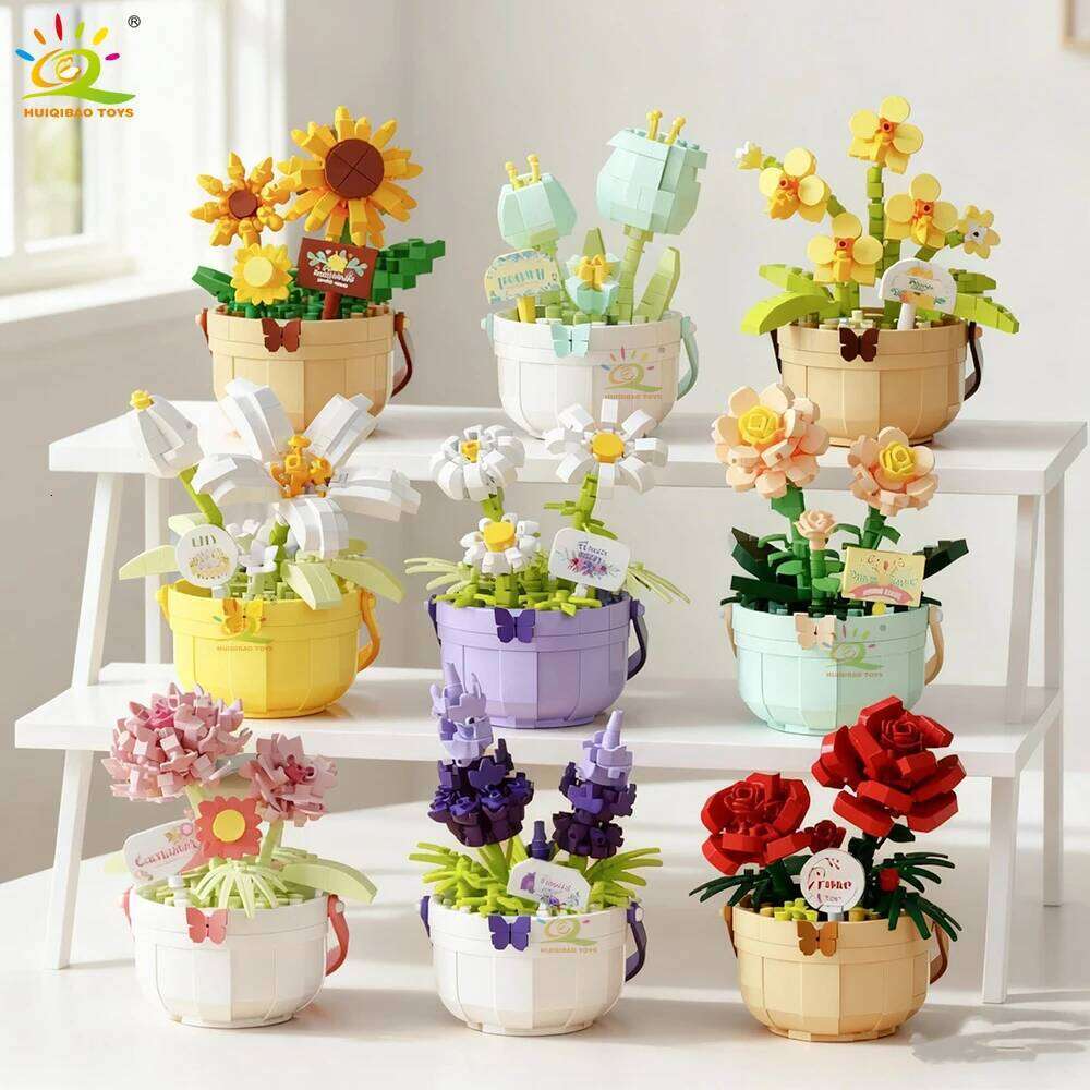 HUIQIBAO MOC Flower Micro Building Block DIY Rose Sunflower Pot Bouquet Mini Diamond Model Brick Toy for Children Desk Decor. Z260306