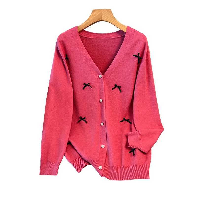 170Kg Plus Size Womens Bust 160 Spring Autumn Loose V-Neck Cardigan Sweater Knitted Bow Jacket Black Rose 5XL 6XL 7XL 8XL 9XL M260306