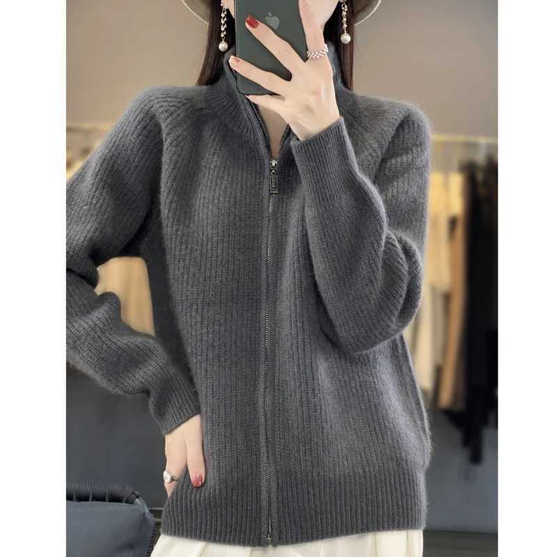 100 Pure Wool Zipper Cardigan Padded Shoulder Stand Collar Womens Cashmere Knitted Coat New Lapel Sweater M260306