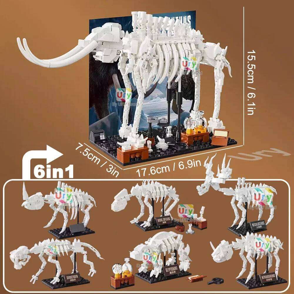 6in1 Museum of Ice Age Fossil Animals Mammoth Sabre Wulf Cave Bear Elasmotherium Glyptodont Set Building Blocks Toy for Kid Gift Z260305