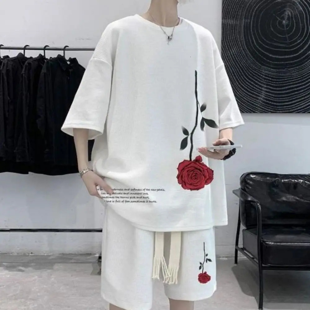 Y2k Korean Fashion Streetwear Hip Hop Rose Casual Short Suit Tshirt 2 Piece Set Summer Tracksuit Men Harajuku Oversize Tee 260227