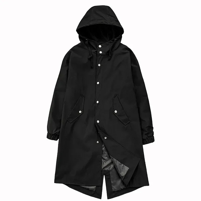 Mens Black Long Hooded Trench Coat Oversized Loose Fit Windbreaker Fashion Casual Waterproof Jacket 2026 Korean Streetwear 260302