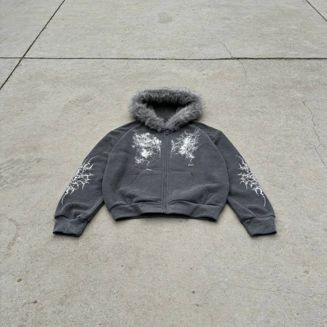 Women Pink Faux Fur Trim Glitter Thorn Print Zip Up Hoodie 2026 Y2K Sweet Cool Oversized Hooded Sweatshirt 260228