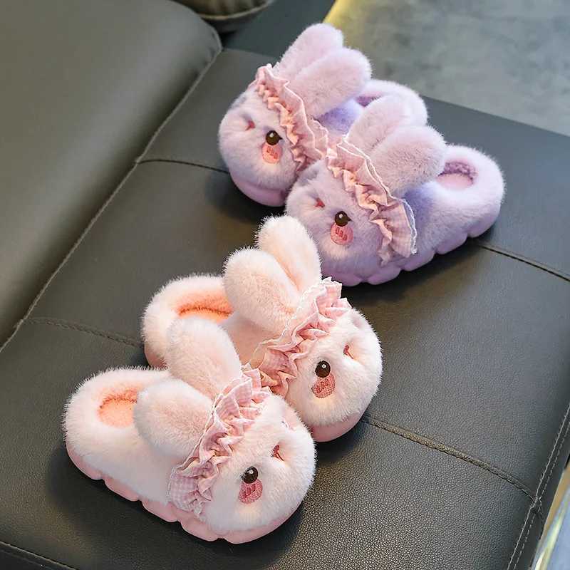 Kids Plush Rabbit Slippers - Winter Closed-Back House Shoes Warm Fleece-Lined Booties for Girls Matching Family Pairs S260305