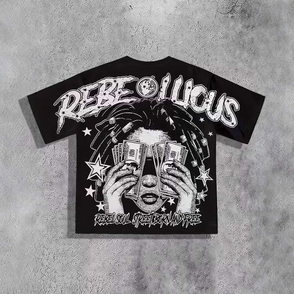 Cross-Border Temu Hot Sale Men's Summer Black Street Style Urban Art Loose Breathable Printed T-Shirt