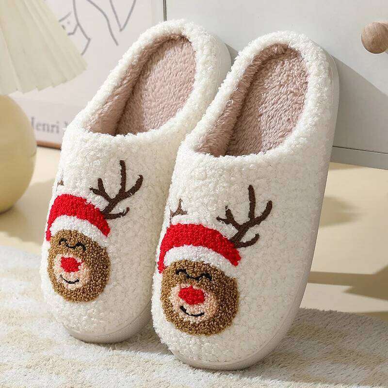 Litfun Christmas Women Cute Winter Fluffy Slippers Couple House Cotton Men Bedroom Soft Sole Flat Shoes for Gift