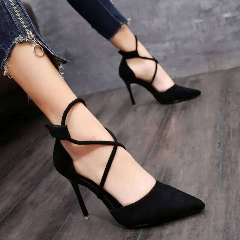 2024 New Cross-strap Roman Suede High Heels Women's Shoes One-line Buckle Fine Heel Pointed Sandals Zapatos De Mujer