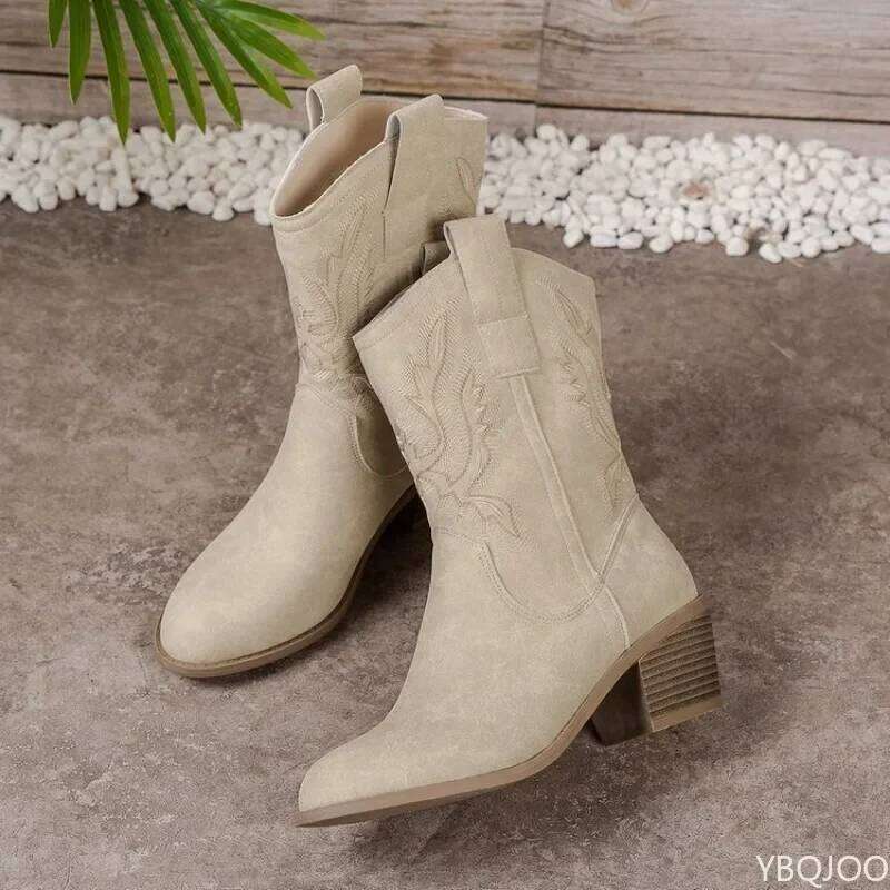 Elegant comfortable shoes autumn winter embroidered thick heel women's retro minimalist midsole pointed boots
