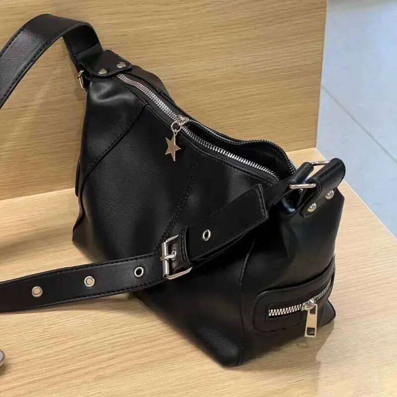 Y2k Korean Gothic Star Girl Black Handbag Harajuku Aesthetic Vintage Shoulder Crossbody Bag Trendy Women Messenger Tote Bags