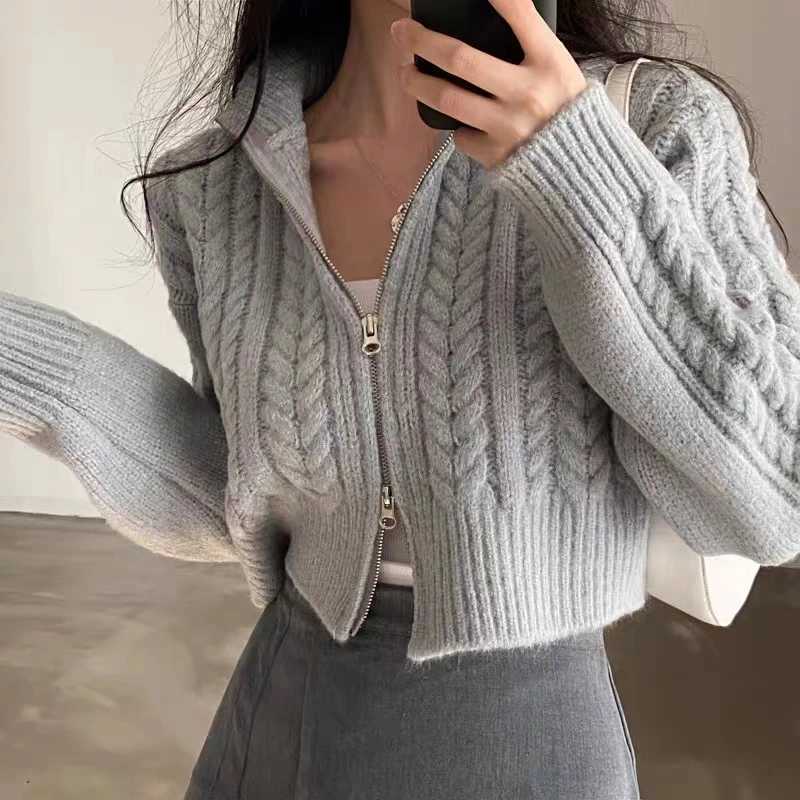 Twists Knit Short Coat Long Sleeve Zipper Sweater Casual Women Cardigan Vintage Winter Korean Chic Elegant 2024 Lady Trend Top M260306