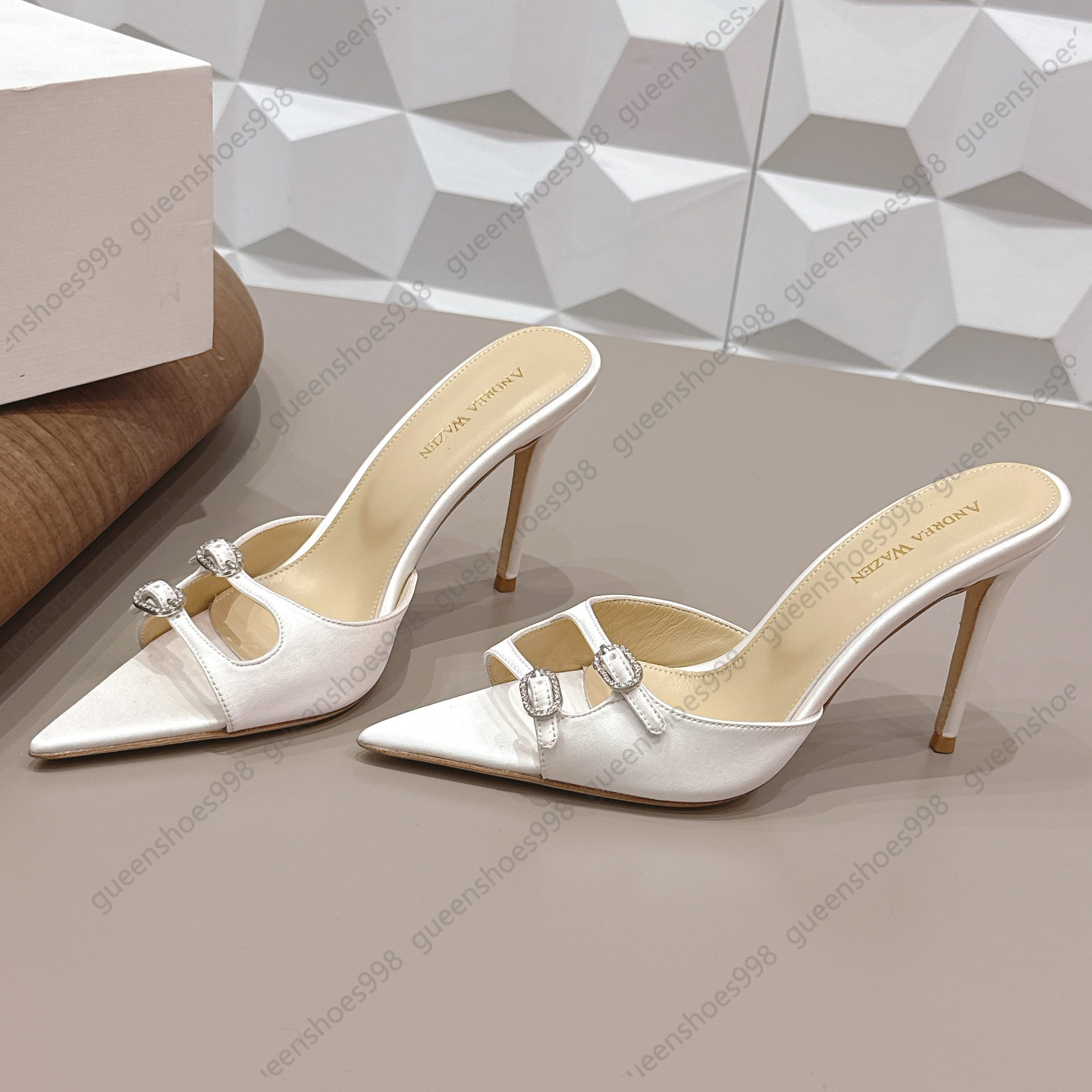 ANDREA WAZEN 9.5CM High Heel Slippers Women Fashion Leopard Pattern Luxury Designer Sandals Crystal Lace Sexy Casual Belt Buckle Satin Party Shoes Size 35-42