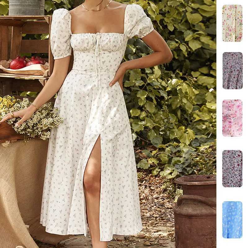 2026 Spring Womens Floral Dress French Retro Backless Slim Halter Square Neck Split Long Dress Fashionable Party Cocktail Dress X260306
