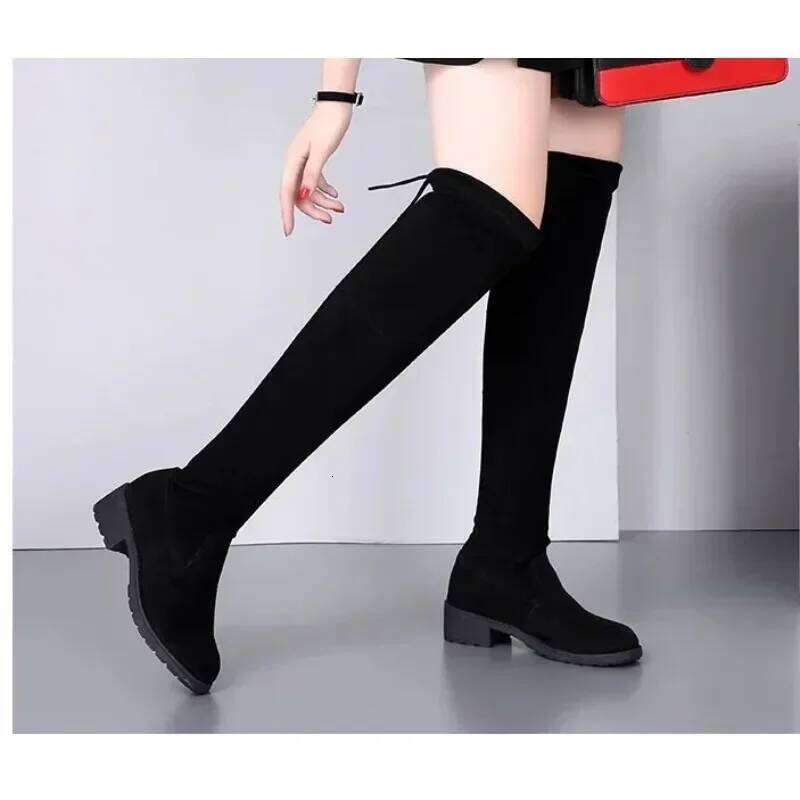 Women Winter Black Over The Knee 2024 New Comfort Lace Up Chunky High Heels Shoes Fashion Warm Suede Round Toe Boots