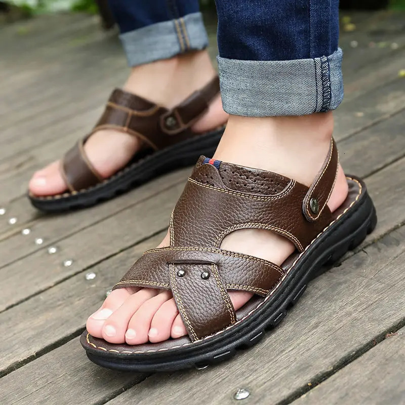 Summer Men Leather Sandals Genuine Leather Non-slip Men Shoes Slippers Outdoor Thick-soled Beach Shoes Comfor Soft Men sandalias 260304