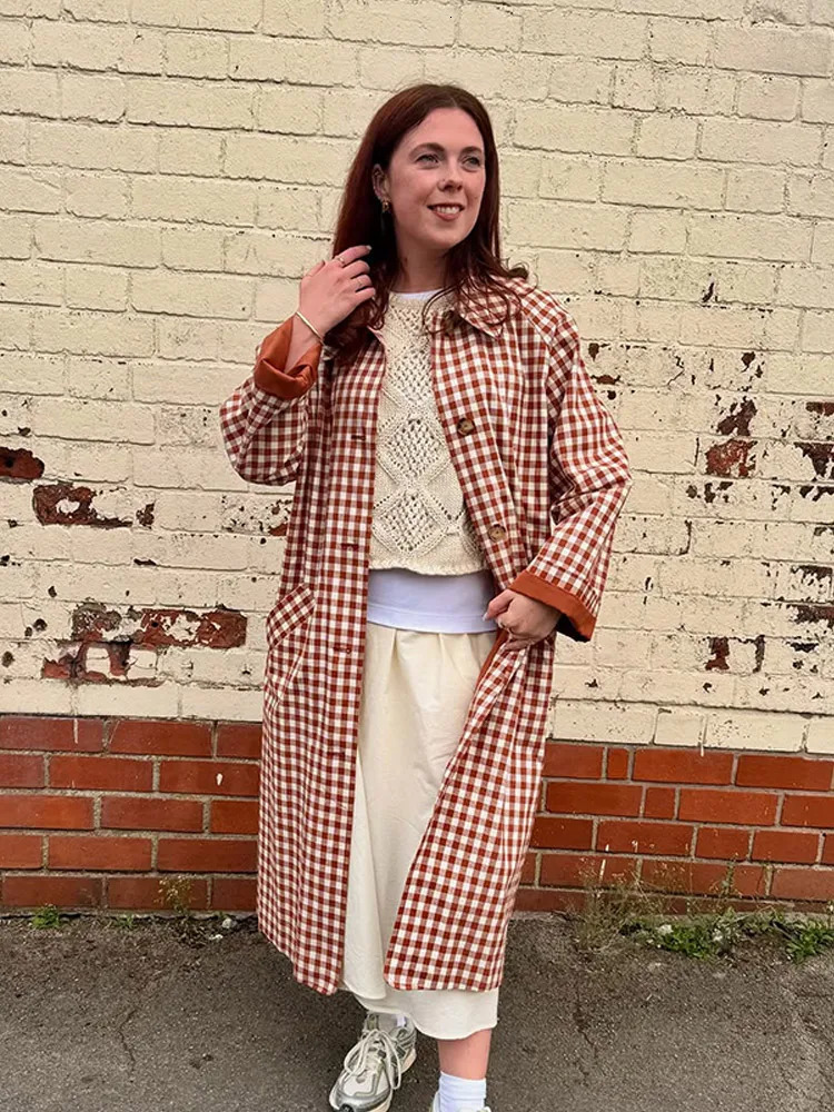 Women Plaid Long Windbreaker Fashion Chic Lapel Single Breasted Pocket Loose Jackets Lady Daily Commuting Street Outerwear 260228