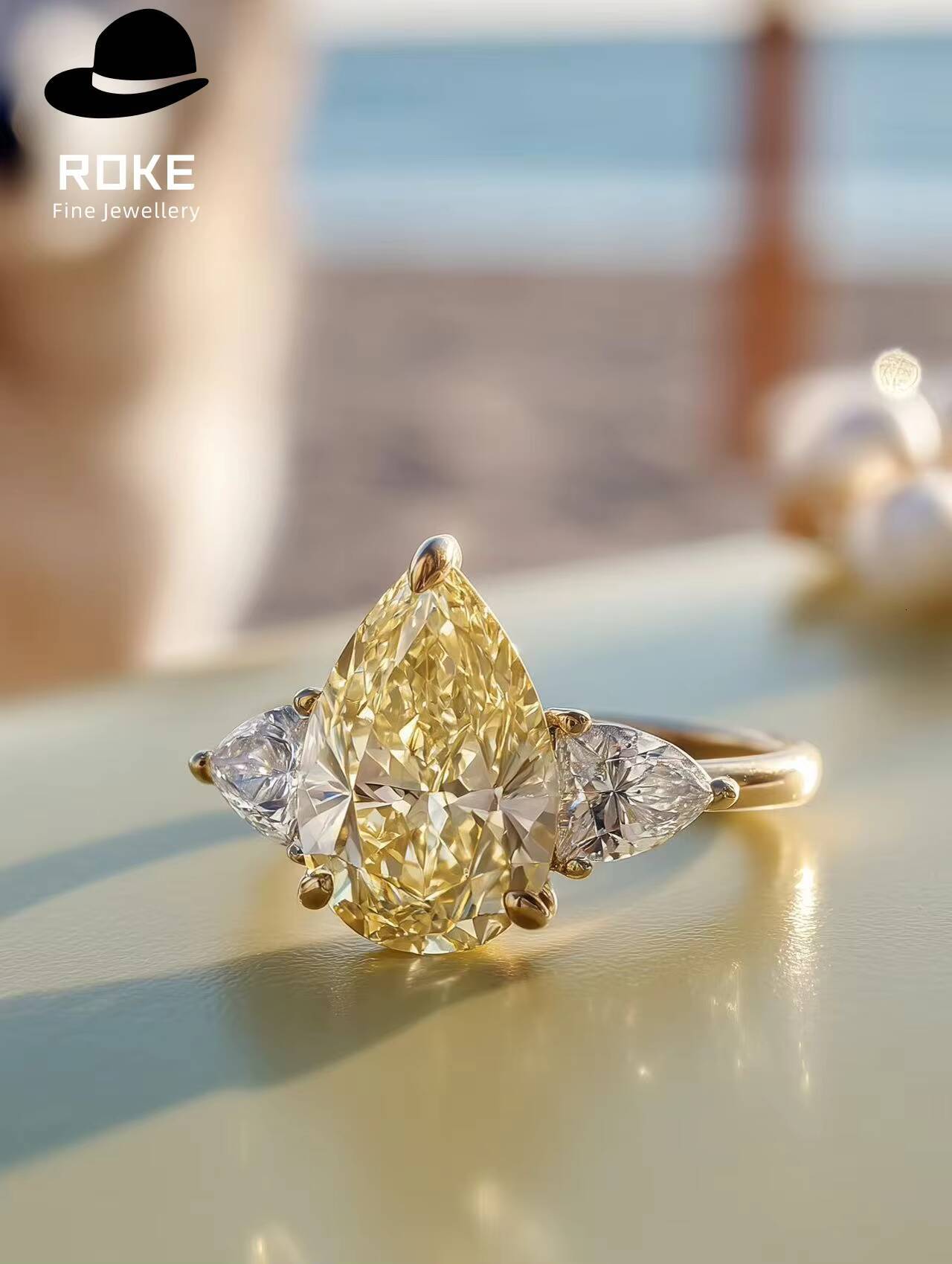 15ct Pear Yellow Lab Diamond Ring 9K/14K Gold - IGI/GIA Certified Cluster Engagement Ring