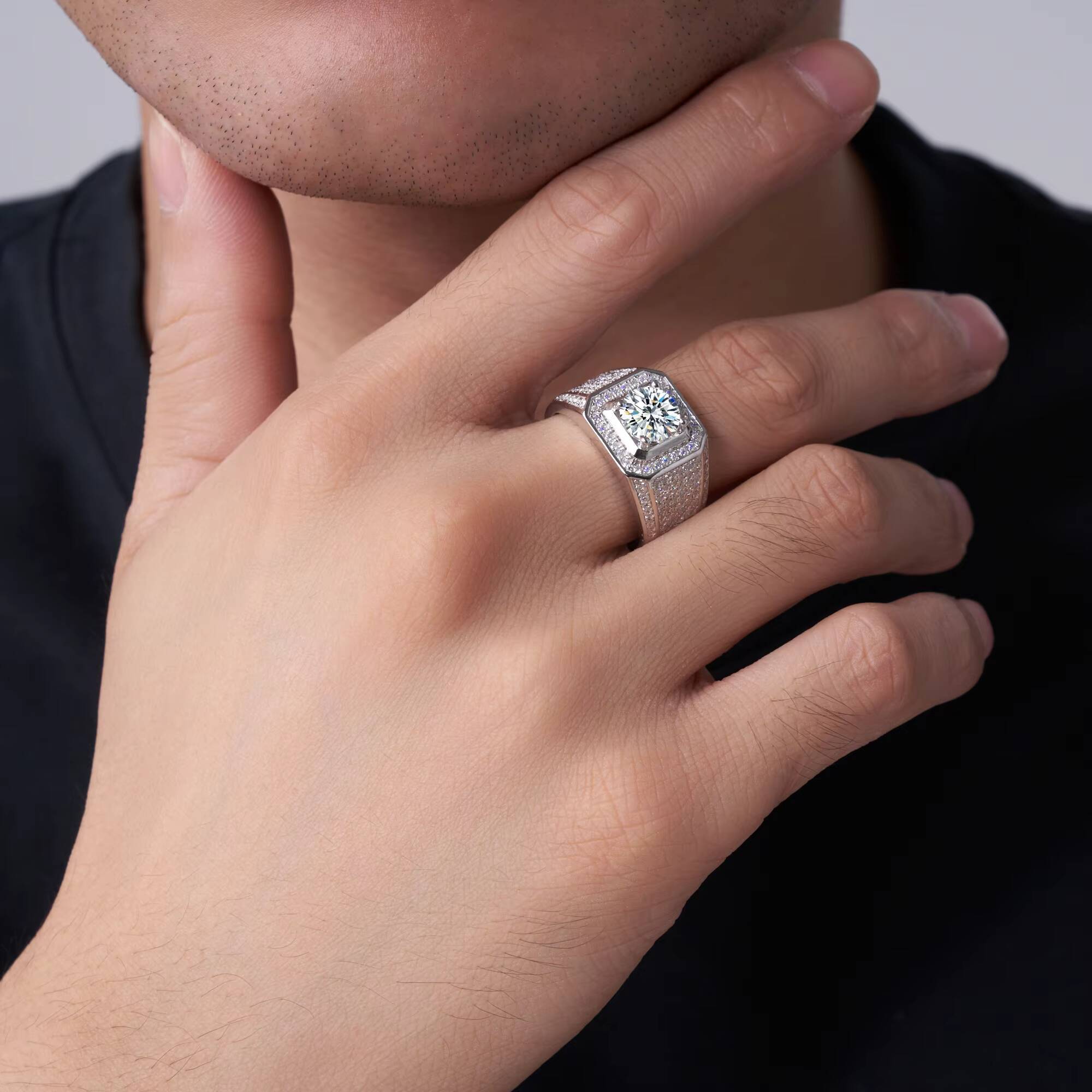 Luxe for Less Diamond-Like 1/2/3CT Round Brilliant Cut Moissanite Mens Anniversary Wedding Ring in Platinum Plated 925 Silver