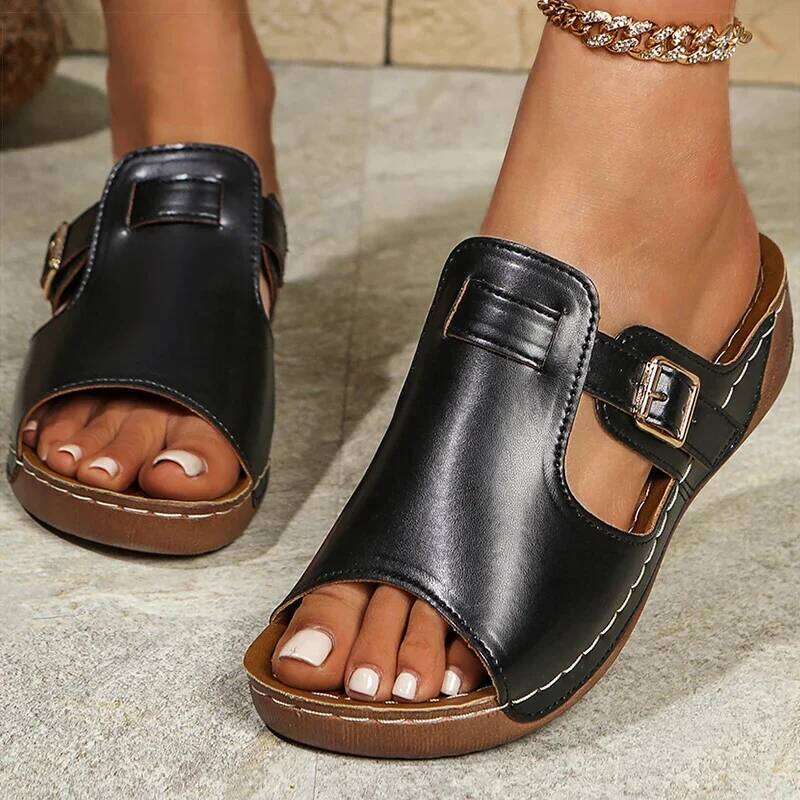 2025 Women's Peep Toe Sandals With Heels Women Wedges Heeled Slippers Indoor Outdoor Shoes Summer Footwear