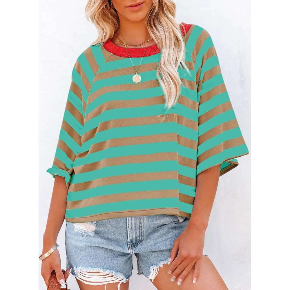 Tops Designer Striped 2026 Fashion T Shirts for Women Color Block Crewneck Design Loose Basic Tee