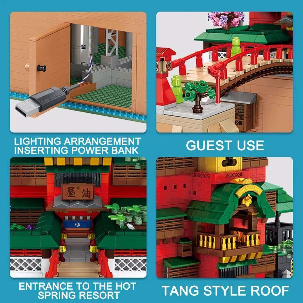 6786PCS City Oil House Soup Hot Springs Hall Hotel Model Bricks Sets Creative Scene Building Blocks Toys Kids Gifts MOC Z260306