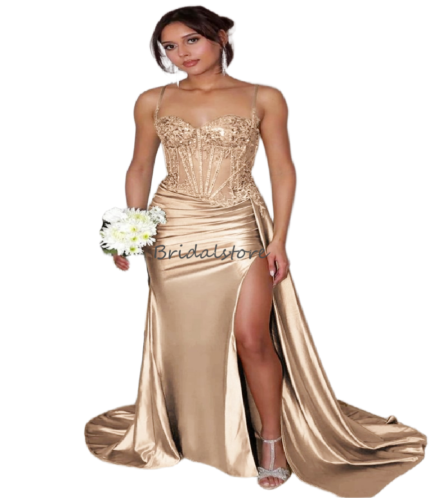 Ethereal Green Satin Prom Dresses With High Slit Plus Size Spaghetti Straps Lace Evening Gowns 2026 Outdoor Garden Formal Party Vestio De Gala Elegant