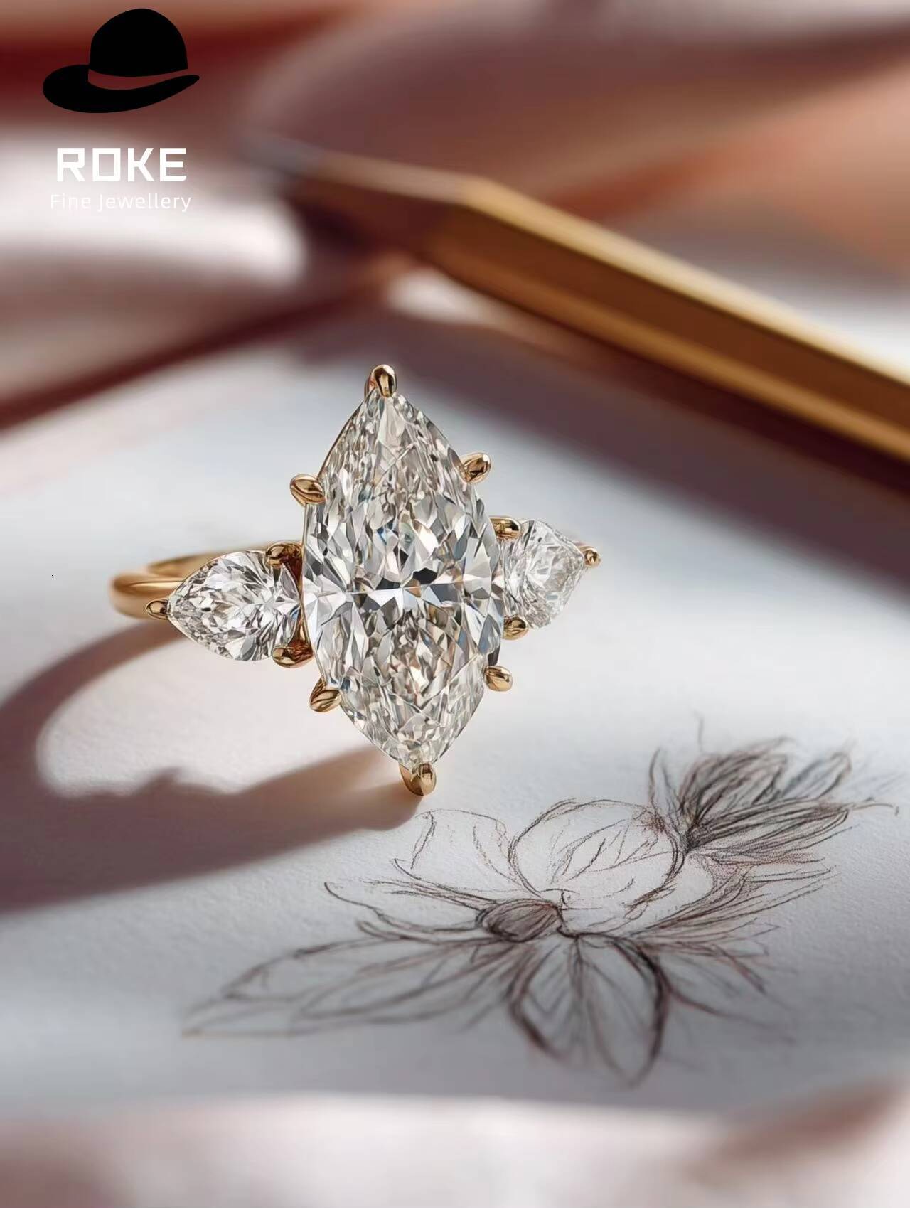 ROKE Custom 2ct Marquise 46mm Pear Lab Diamond Ring 9K/18K Gold/Platinum - Luxury Engagement Jewelry