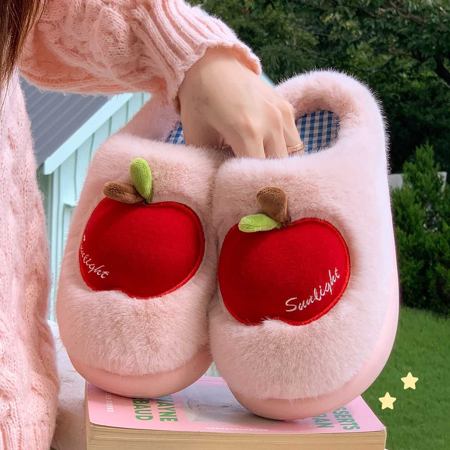 TZLDN Cartoon Plush Slippers for Women Men Winter Warm Fluffy Faux Fur Slippers 3D Apple Indoor Home Couple Cotton Slippers S260305