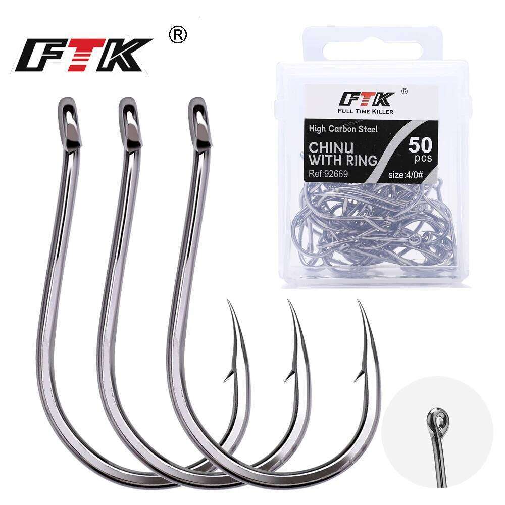 FTK CHINU Fishhook with ring barbed 1/0#-5/0#50PCS 1#-7#100PCS Rock Sea Fishing Hook black high carbon steel fishhook S260305