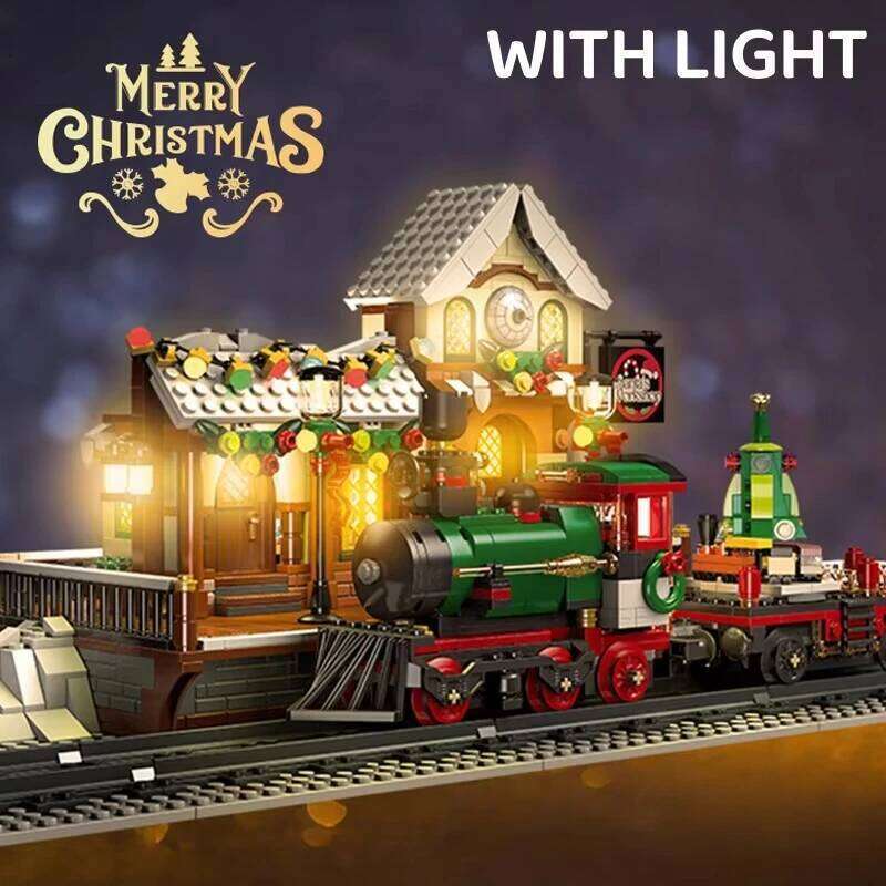 1362pcs Christmas Train Platform Building Blocks Set Winter Railway Station Model with Light Street View Kids Assembly Toy Gift Z260305