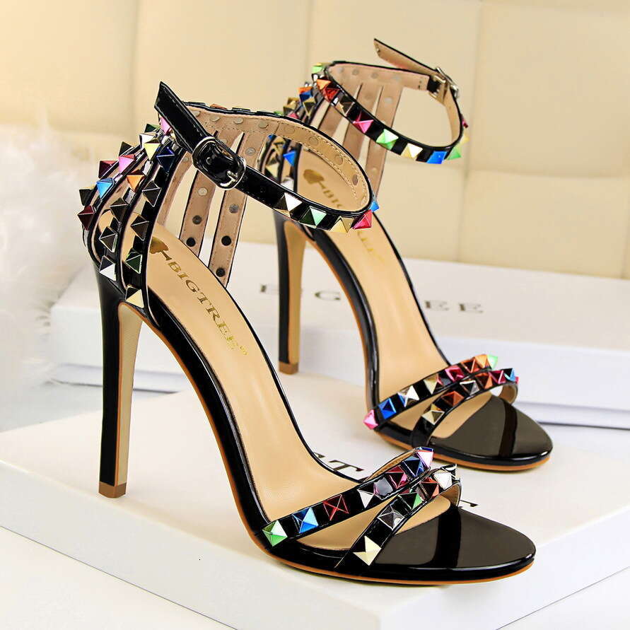 European And American Roman Style Women S Shoes Thin Super High Heel Open Toe One Strap Hollow Colorful Rivet Sandals