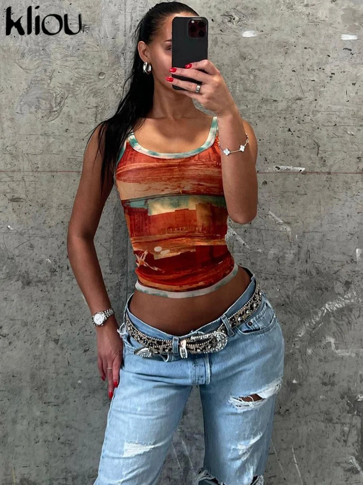 kliou Summer Women Bare Midriff Streetwear Mesh Tanks K24L47278 Girl Vintage Print Fit Vest Miss All-match Crop Tops Tees Attire 260306