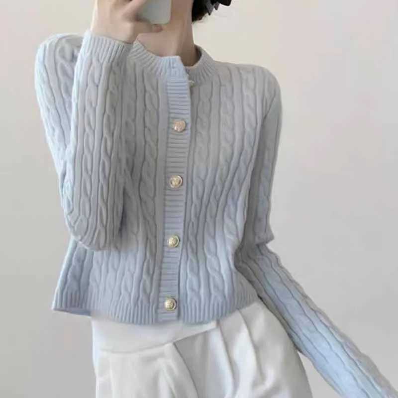 Korean Chic Cropped Sweater Jacket for Women Simple All-Match Round Collar Twist Knitted Cardigan Autumn Winter Buttons Knitwear M260306