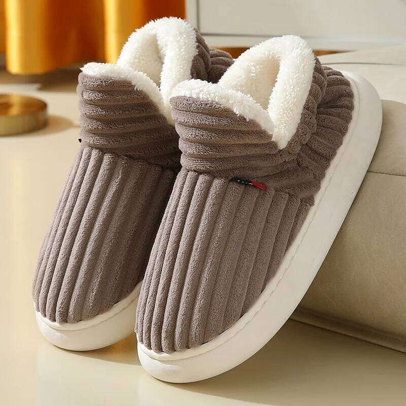 Litfun Warm Cotton Soft Sole Short Plush Lined Slippers Outdoor Non-slip Fluffy Ankle Boot Indoor Fuzzy Men Home Shoes