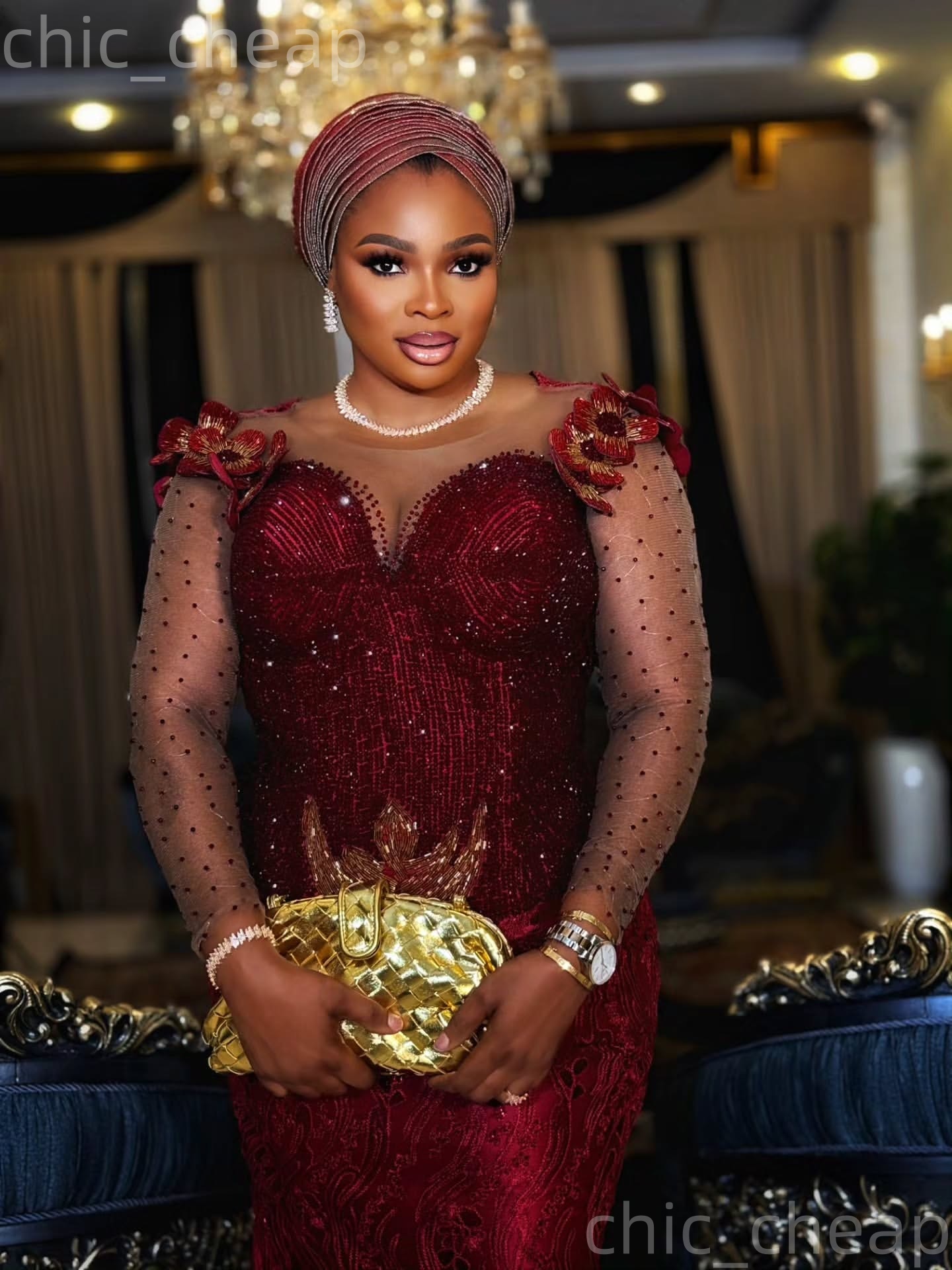 Aso Ebi Dark Red Prom Dress 2026 Mermaid Prom Dress Beaded Flowers Sheer Neck Evening Dresses For Black Women Birthday Party Formal Receiption Gowns D