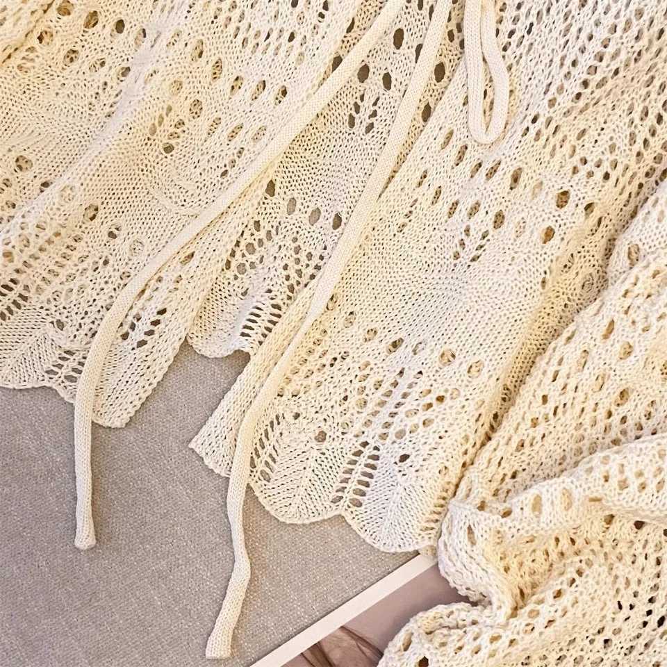 Womens Summer Lace Knit Cardigan Long Sleeve V-neck Openwork Crochet Tie Front Sun Protective Shawl Versatile Cover-Up for Fall M260306