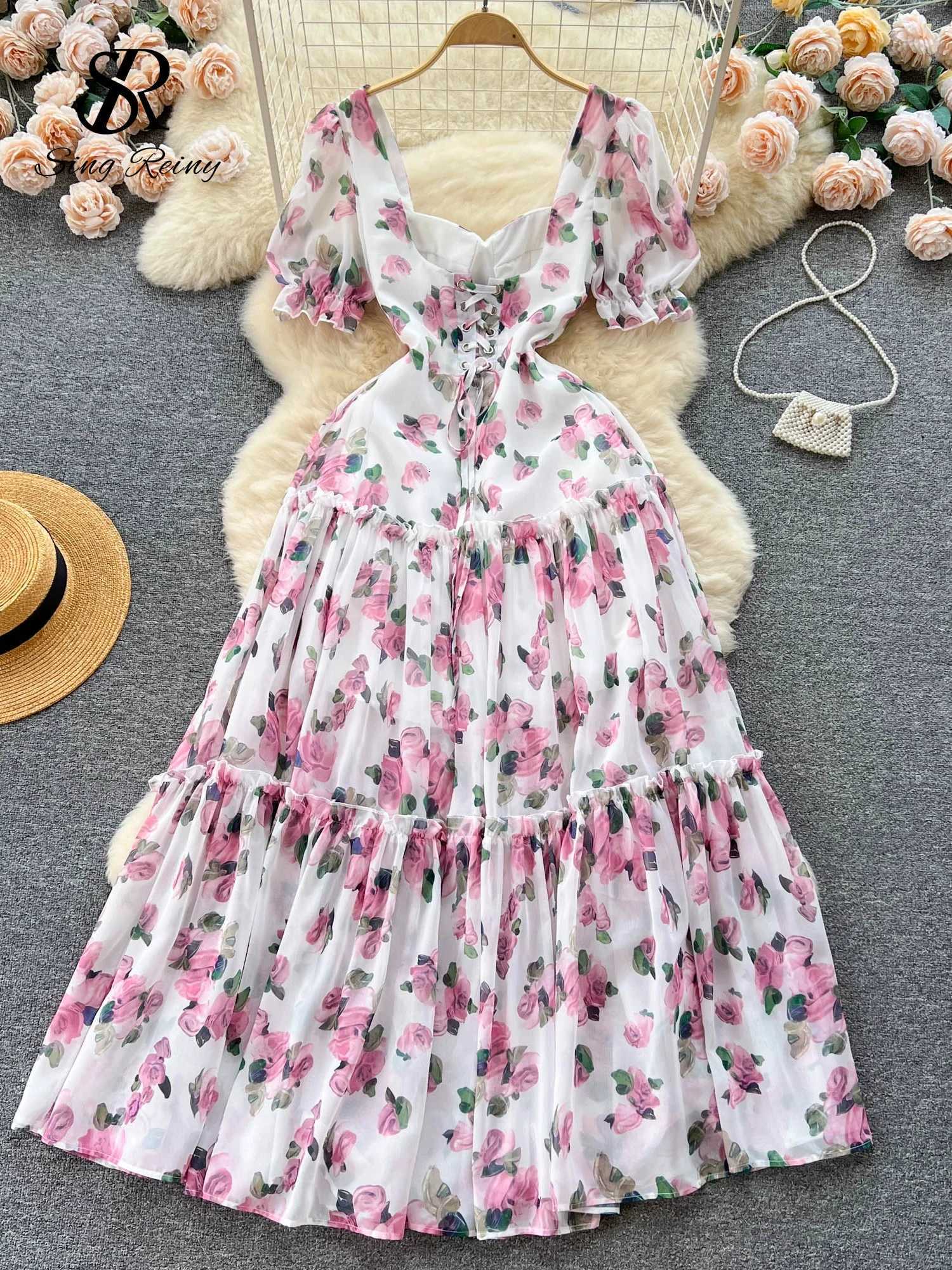 SINGREINY Beach Vacation Floral Print Dress Women Backless Lace Up Cross Bandage Ruched Korean Hotsweet Fashion Party Long Dress X260306
