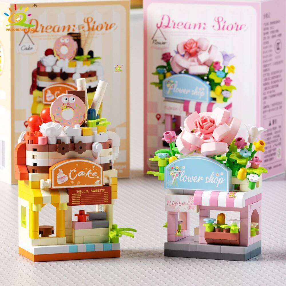 HUIQIBAO MOC Cute Street Shop model Micro Building Block Burger Fried Flower Model Mini Brick Toy for Children Desk Decor. Z260306