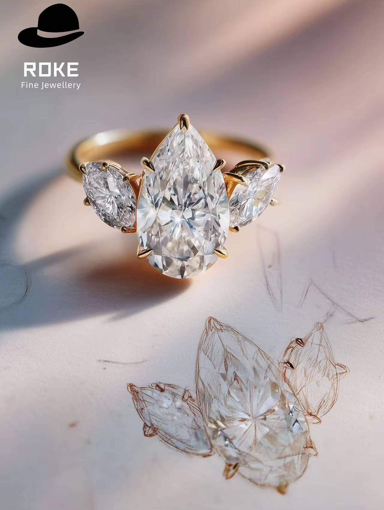 ROKE Custom 2ct Marquise 46mm Pear Lab Diamond Ring 9K/18K Gold/Platinum - Luxury Engagement Jewelry