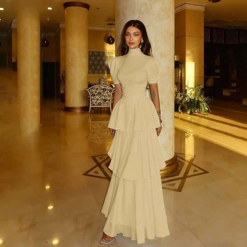 Customized Chiffon Dress Long Prom Short Sleeveless Hight Neck Formal Saudi Arabia Evening Dresses