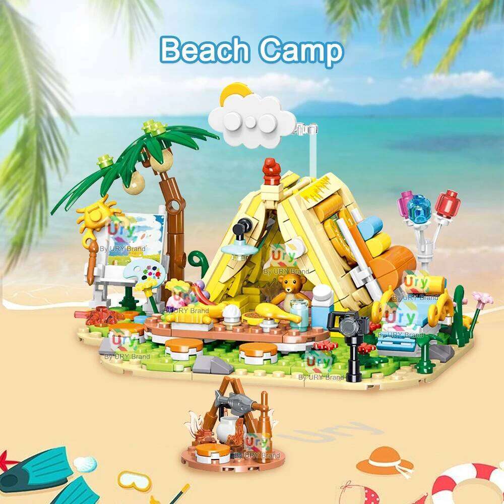 Friends Summer Amusement Park Beach Camp Holiday Seaside Barbecue Slide MOC Camper Building Blocks Set Figures Toy for Girl Gift Z260305