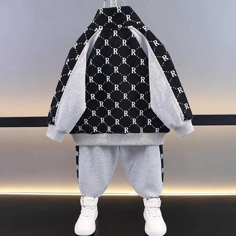 Kids Tracksuits 2Pcs, 2-10Y Boys R Letter Splicing Cotton Jacket & Pants Set, Spring Autumn Korean Fashion Sport Leisure OutfitsT260306